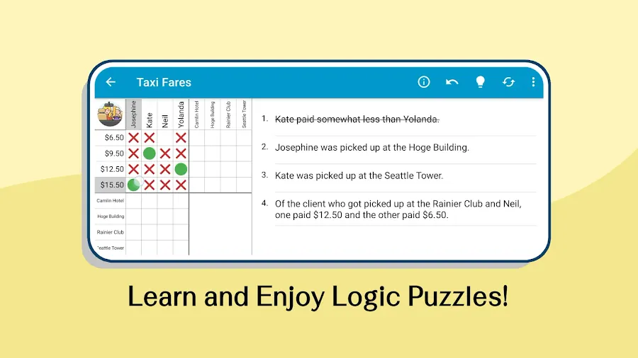 Tabella di deduzione con crocette e spunte in Logic Grid Puzzles