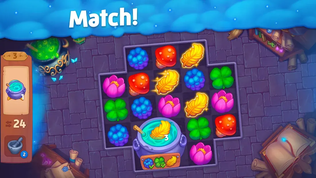 Tabellone match-3 di Spellmind con tessere colorate da allineare
